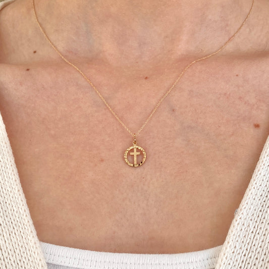 10KT Yellow Gold Diamond-Cut Cross in Circle "Eternal Life" Pendant Necklace, 10KT Yellow Gold Diamond-Cut Cross in Circle "Eternal Life" Pendant Necklace - Legacy Saint Jewelry