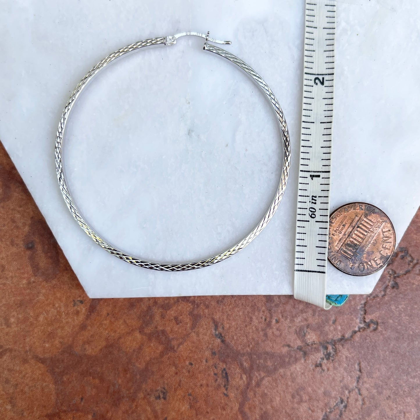 Sterling Silver Polished + Diamond-Cut Square Tube Hoop Earrings 60mm