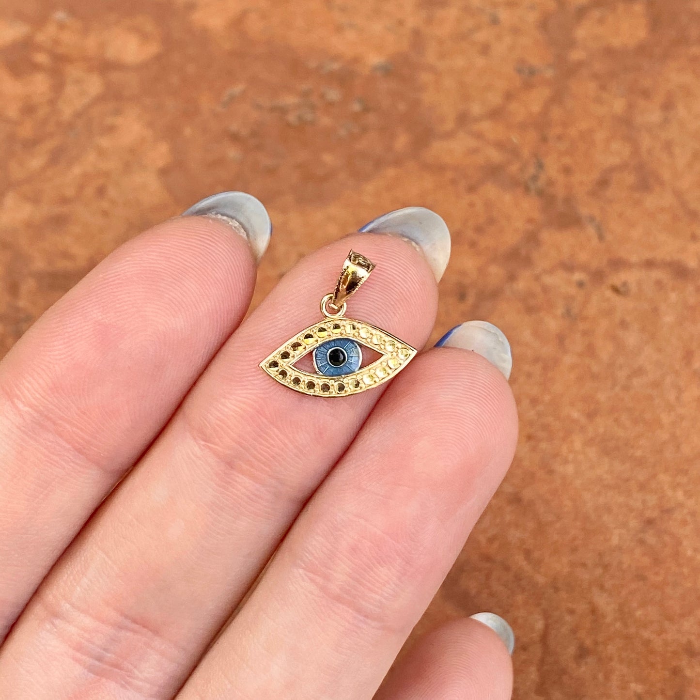 14KT Yellow Gold Diamond-Cut Blue Enamel Evil Eye Pendant Charm, 14KT Yellow Gold Diamond-Cut Blue Enamel Evil Eye Pendant Charm - Legacy Saint Jewelry