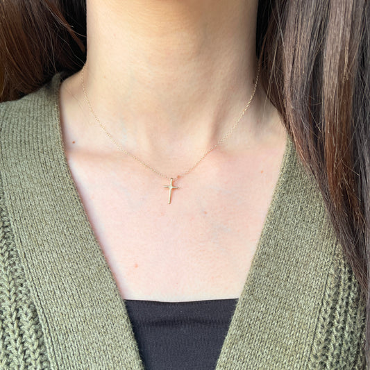 14KT Yellow Gold .01 CT Diamond Mini Cross Necklace 15"