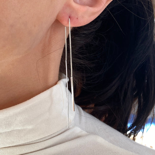 Sterling Silver Threader Box Chain Bar Ear Wire Earrings, Sterling Silver Threader Box Chain Bar Ear Wire Earrings - Legacy Saint Jewelry