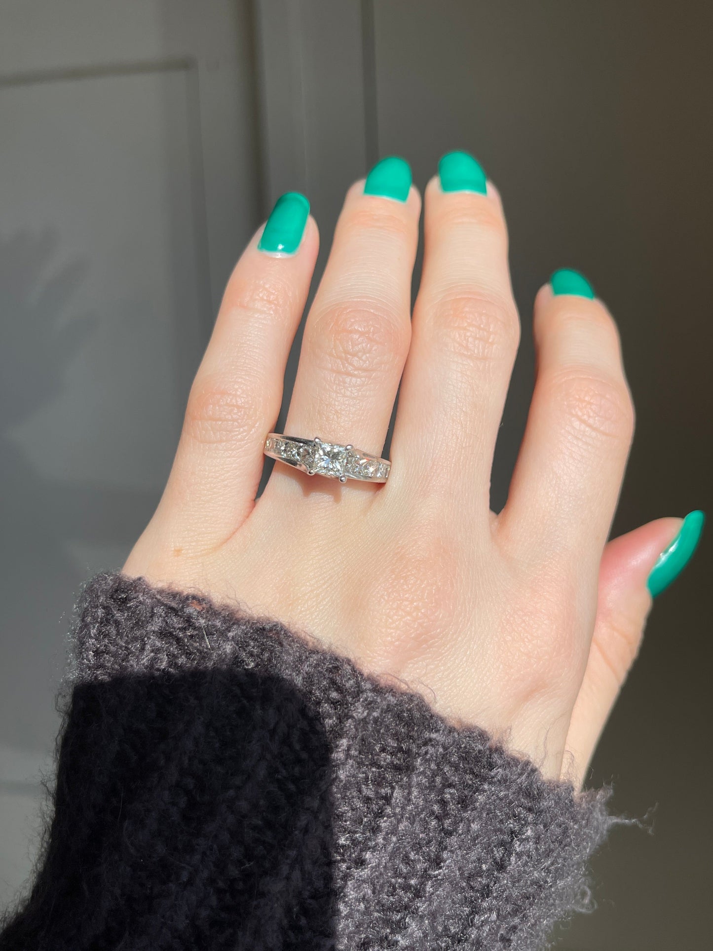 Estate 14KT White Gold Princess Cut + Channel Cut Diamond Engagement Ring