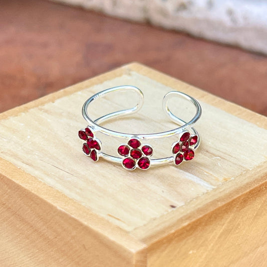Sterling Silver Maroon Crystal Flowers Toe Ring