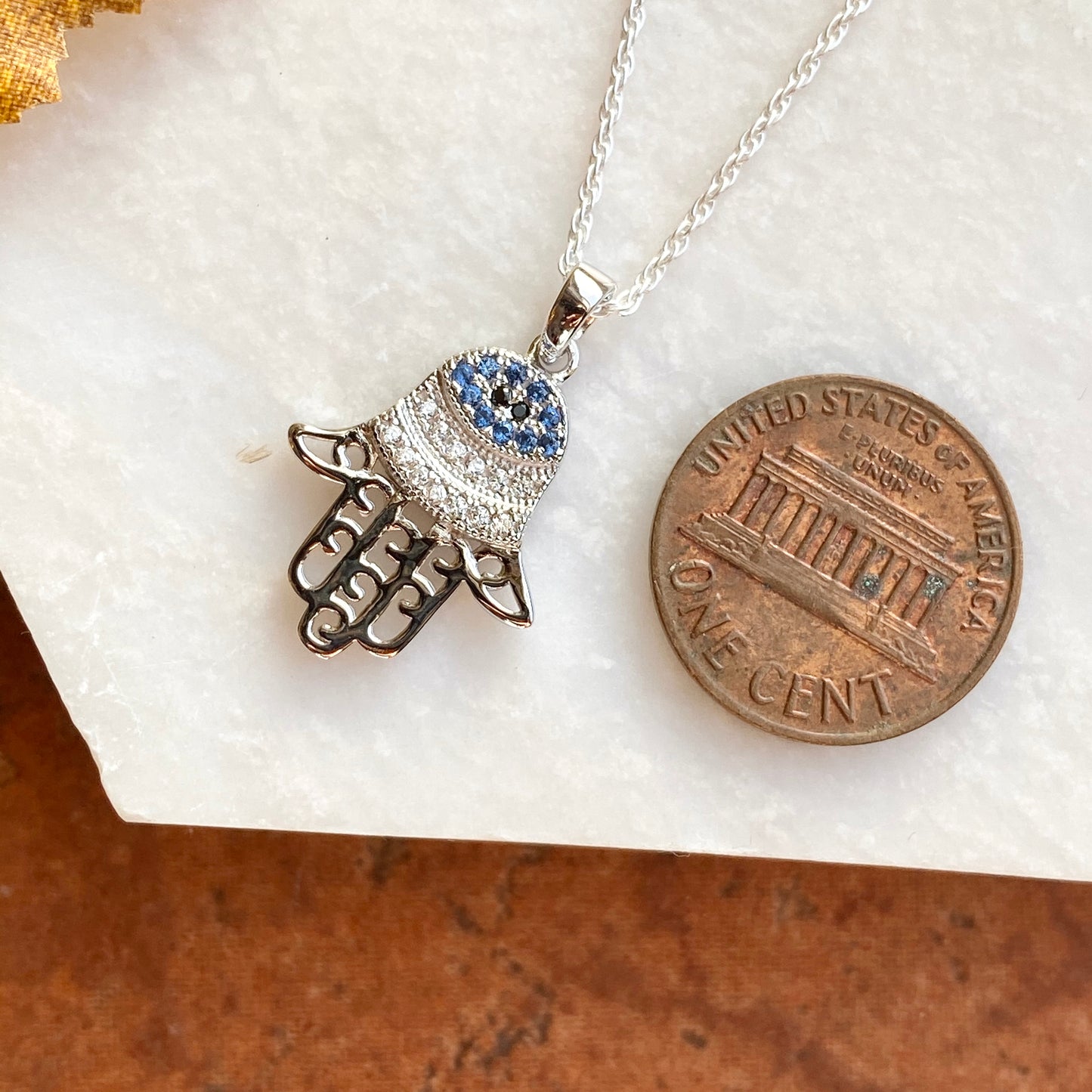 Sterling Silver CZ + Blue Sapphire Hamsa/ Chamseh Pendant Necklace, Sterling Silver CZ + Blue Sapphire Hamsa/ Chamseh Pendant Necklace - Legacy Saint Jewelry