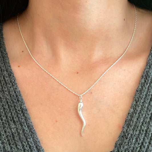 Sterling Silver Large "Cornicello" Italian Horn Pendant Necklace, Sterling Silver Large "Cornicello" Italian Horn Pendant Necklace - Legacy Saint Jewelry