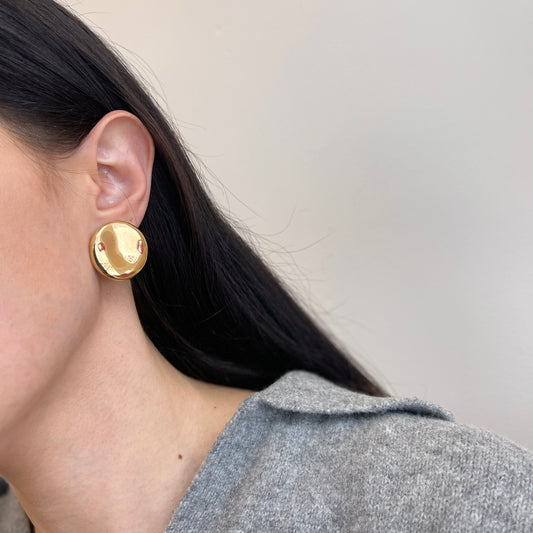 14KT Yellow Gold Concave Round Disc Omega Back Earrings 26mm