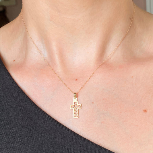 10KT Yellow Gold Cut-Out Hearts Design Small Cross Pendant Charm, 10KT Yellow Gold Cut-Out Hearts Design Small Cross Pendant Charm - Legacy Saint Jewelry