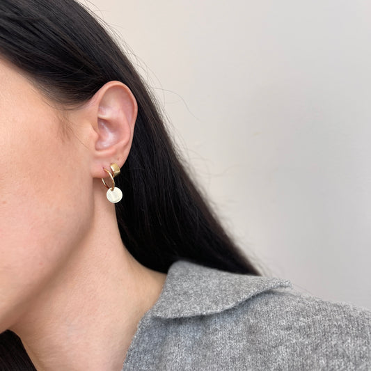 14KT Yellow Gold Round Disc Charm Endless Hoop Earrings 15mm