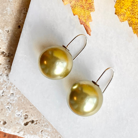 Sterling Silver Euro Wire Olive Green Shell Pearl Ball Earrings 16mm, Sterling Silver Euro Wire Olive Green Shell Pearl Ball Earrings 16mm - Legacy Saint Jewelry