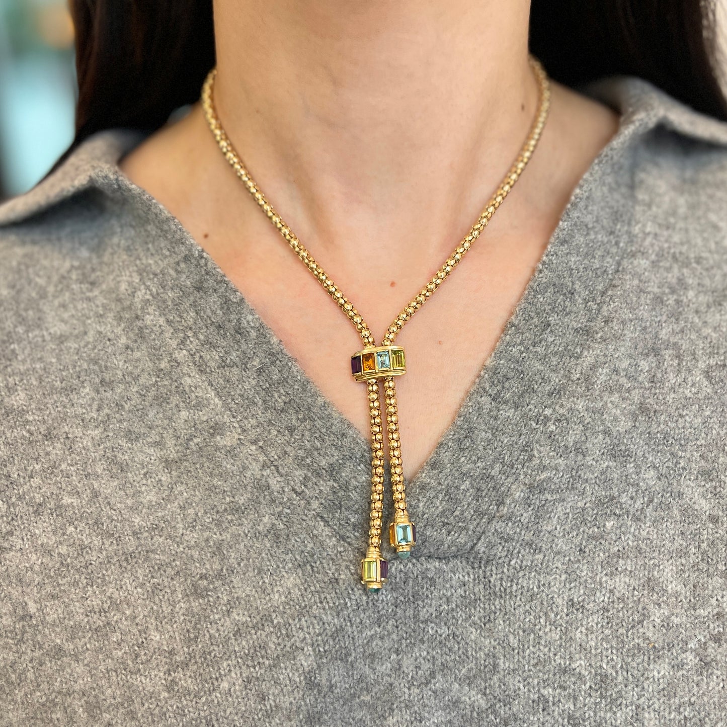 Estate 14KT Yellow Gold Byzantine Multi-Gemstone Popcorn Lariat Necklace