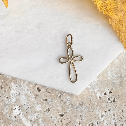 14KT Yellow Gold Small Ribbon Cross Pendant Charm, 14KT Yellow Gold Small Ribbon Cross Pendant Charm - Legacy Saint Jewelry