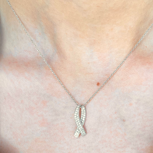 14KT White Gold Pave Diamond Breast Cancer Awareness Ribbon Pendant, 14KT White Gold Pave Diamond Breast Cancer Awareness Ribbon Pendant - Legacy Saint Jewelry