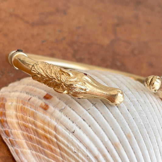 Estate 14KT Yellow Gold Double Horse Head Ruby Eyes Bangle Cuff Bracelet