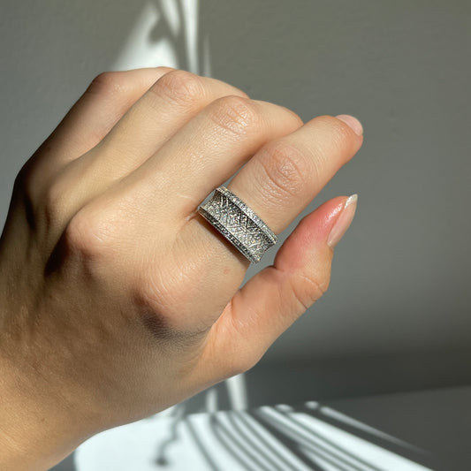 Concave 14KT White Gold + Patterned Pave Diamond Cigar Band Ring - LSJ