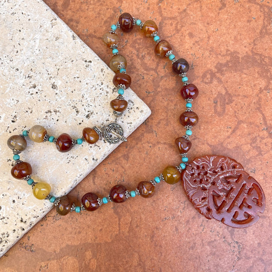 Estate Sterling Silver Carved Jade Medallion + Turquoise Jade Beaded Necklace