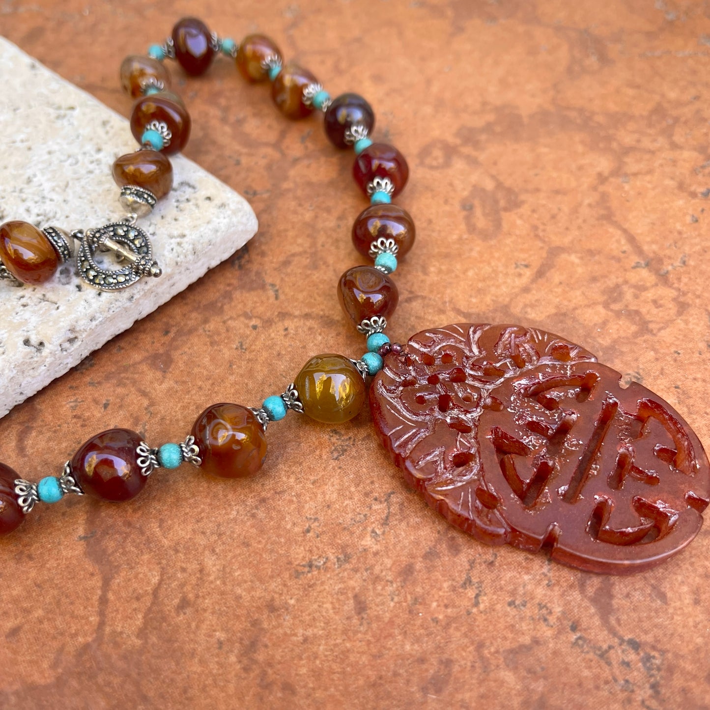 Estate Sterling Silver Carved Jade Medallion + Turquoise Jade Beaded Necklace
