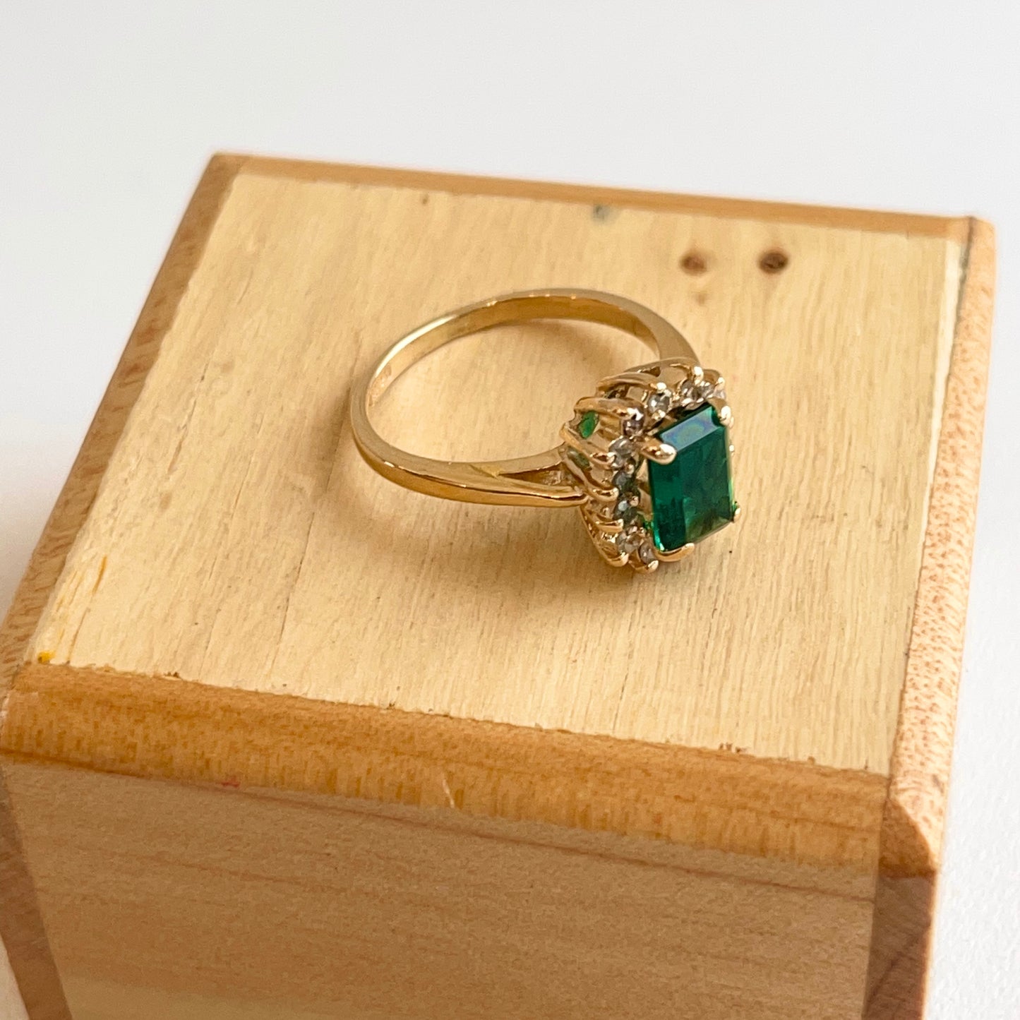 Estate 14KT Yellow Gold 7mm x 5mm Emerald-Cut Lab Emerald + Diamond Halo Ring
