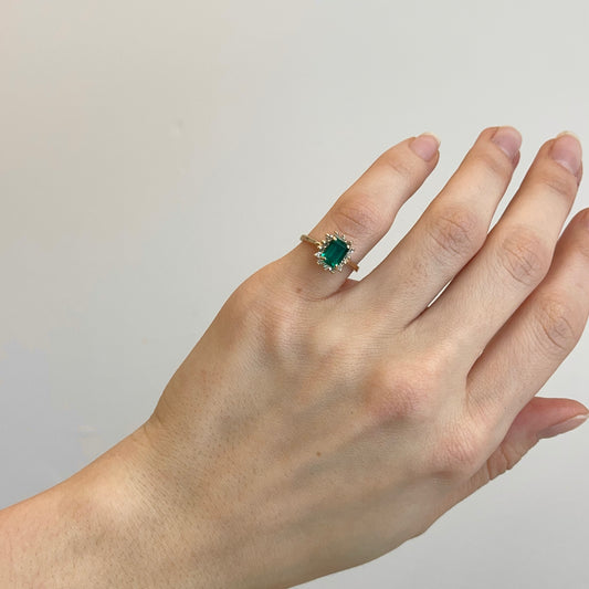 Estate 14KT Yellow Gold 7mm x 5mm Emerald-Cut Lab Emerald + Diamond Halo Ring