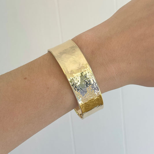 14KT Yellow Gold Hammered Cuff Bangle Bracelet 19mm