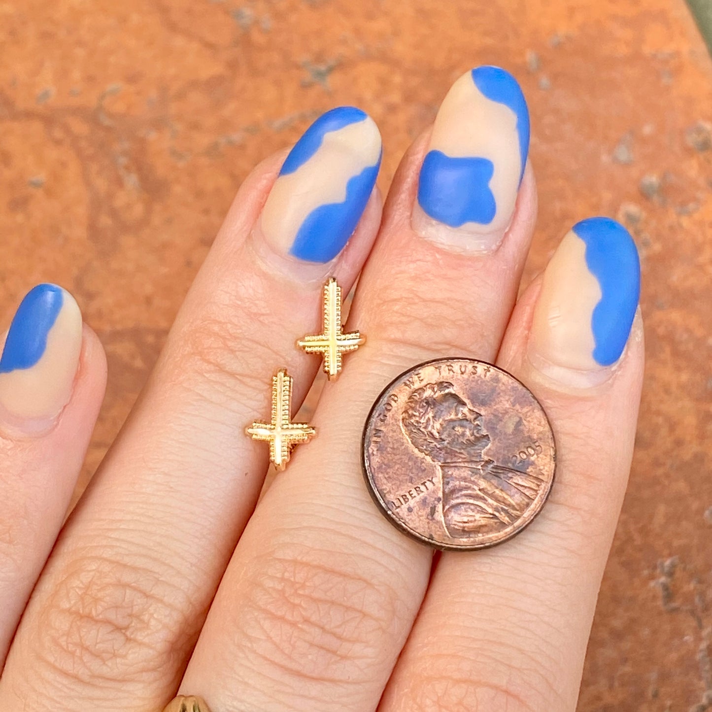 14KT Yellow Gold Bubbled Mini Cross Post Stud Earrings, 14KT Yellow Gold Bubbled Mini Cross Post Stud Earrings - Legacy Saint Jewelry