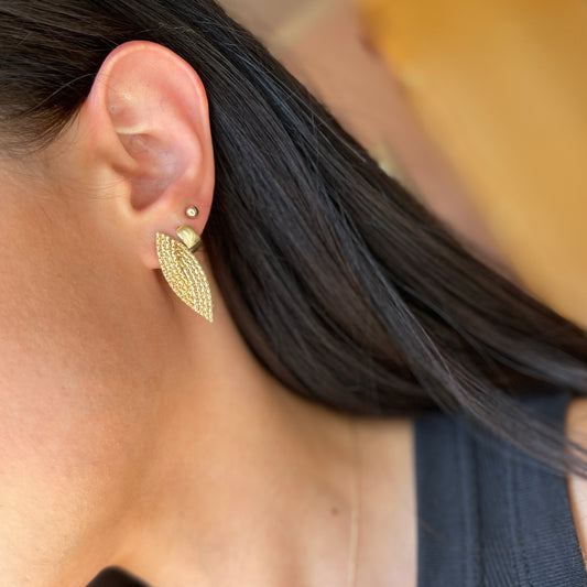 14KT Yellow Gold Textured Woven Marquise-Shaped Dangle Omega Earrings