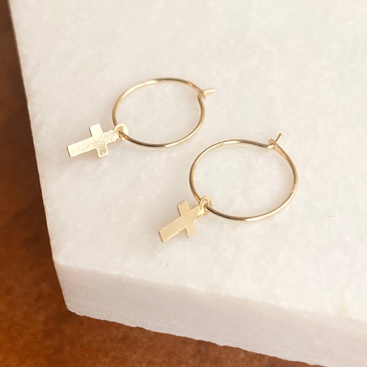 14KT Yellow Gold Dangling Cross Charms Mini Hoop Earrings, 14KT Yellow Gold Dangling Cross Charms Mini Hoop Earrings - Legacy Saint Jewelry