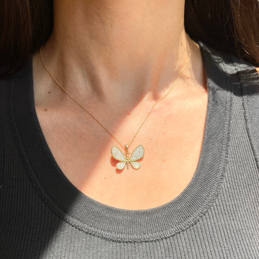 14KT Yellow Gold + White Gold Pave Diamond Butterfly Estate Pendant Charm - LSJ