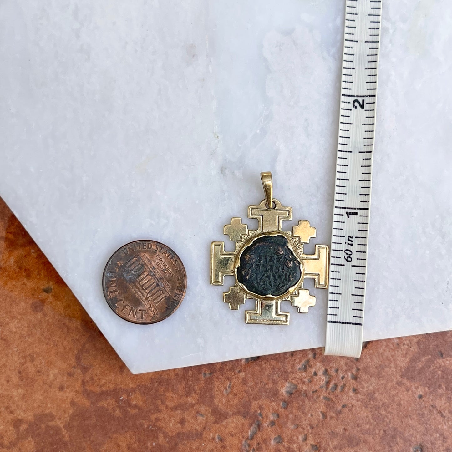 Estate 14KT Yellow Gold Widows Mite Coin Jerusalem Cross Pendant