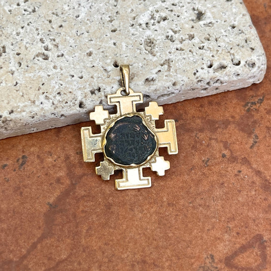 Estate 14KT Yellow Gold Widows Mite Coin Jerusalem Cross Pendant
