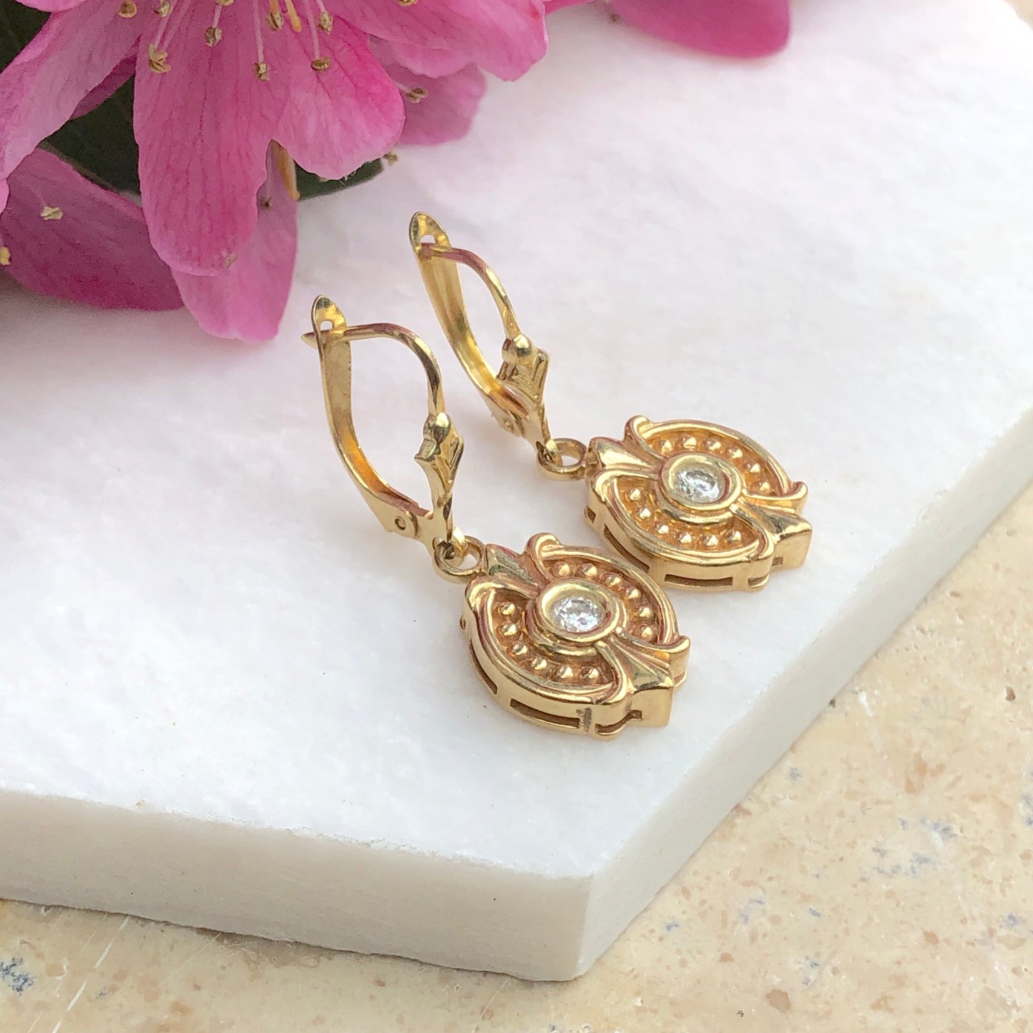 Estate 14KT Yellow Gold .30 CT Bezel Set Diamond Lever Back Earrings - Legacy Saint Jewelry