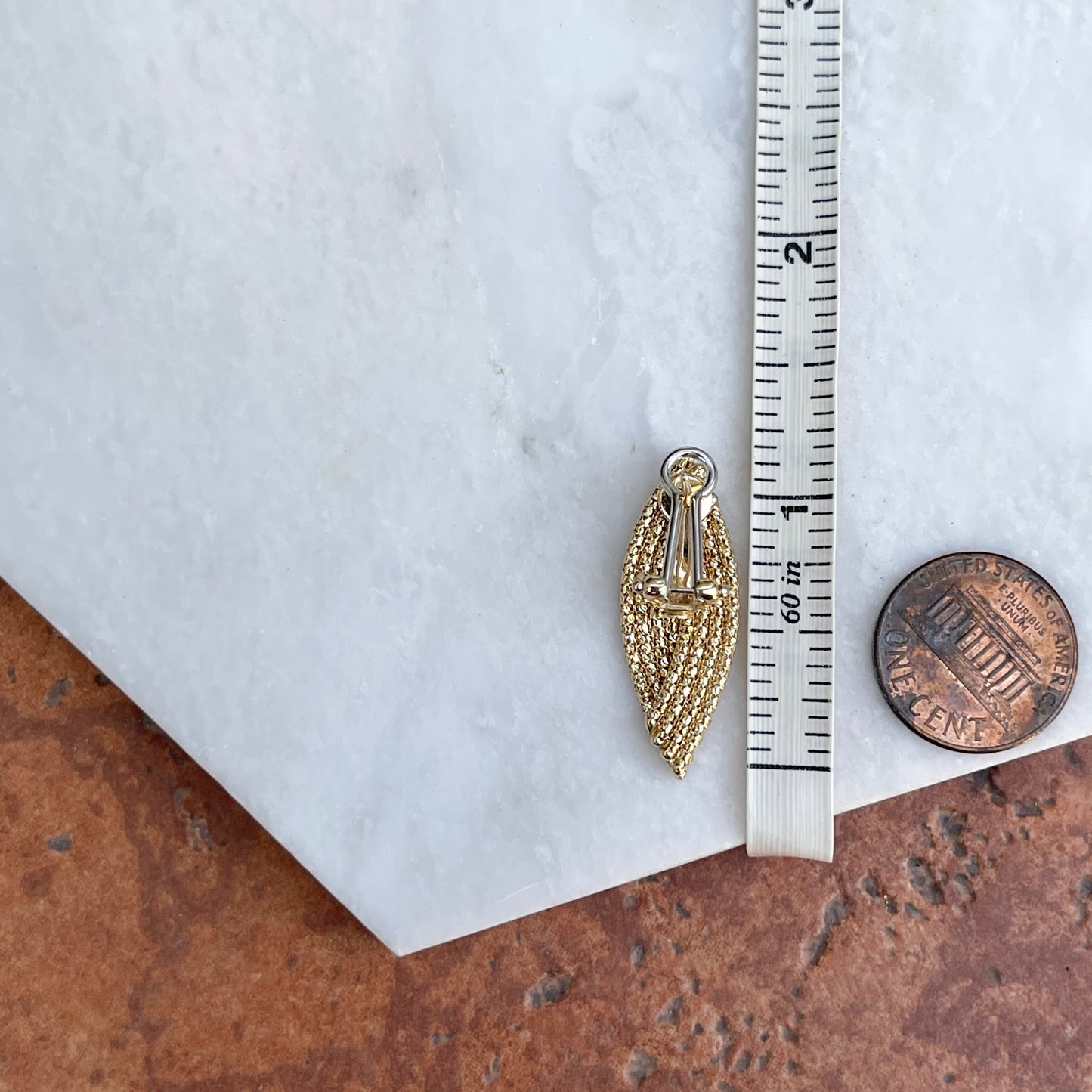 14KT Yellow Gold Textured Woven Marquise-Shaped Dangle Omega Earrings