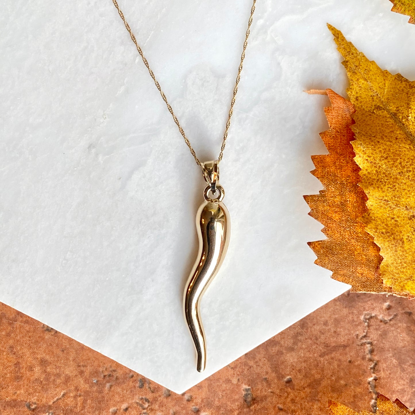 14KT Yellow Gold "Cornicello" Italian Horn Pendant Chain Necklace 50mm, 14KT Yellow Gold "Cornicello" Italian Horn Pendant Chain Necklace 50mm - Legacy Saint Jewelry