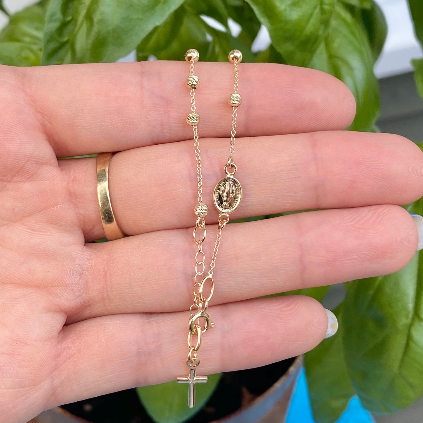 14KT Yellow Gold Beaded Miraculous Medal + Cross Rosary Bracelet, 14KT Yellow Gold Beaded Miraculous Medal + Cross Rosary Bracelet - Legacy Saint Jewelry