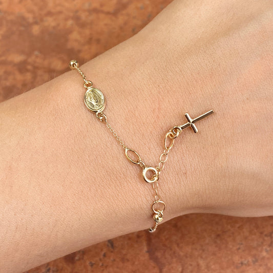 14KT Yellow Gold Beaded Miraculous Medal + Cross Rosary Bracelet, 14KT Yellow Gold Beaded Miraculous Medal + Cross Rosary Bracelet - Legacy Saint Jewelry
