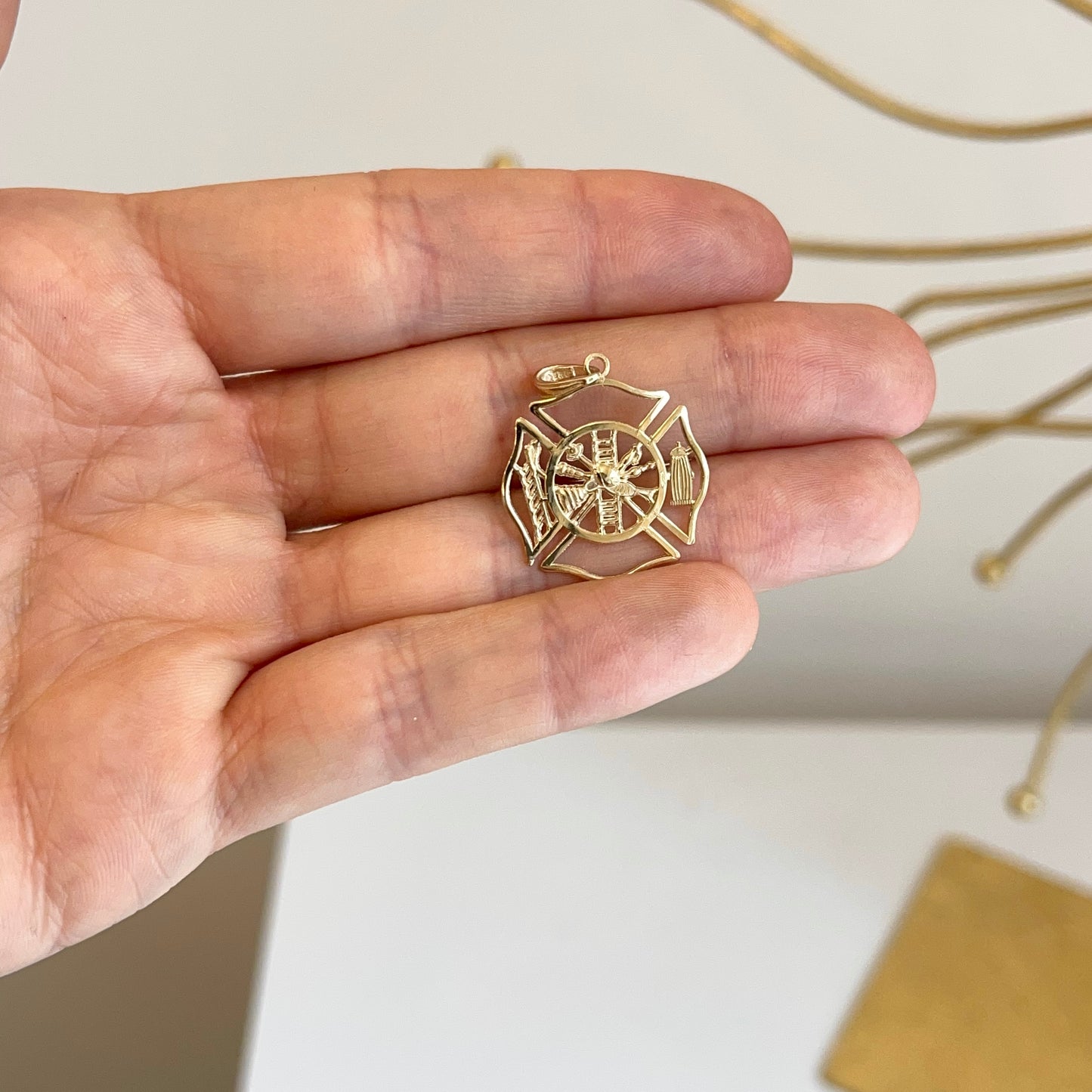 10KT Yellow Gold Cut-Out Firefighter Shield Pendant