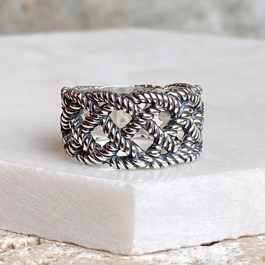 Sterling Silver Oxidized Woven Rope Cigar Band Ring, Sterling Silver Oxidized Woven Rope Cigar Band Ring - Legacy Saint Jewelry