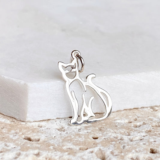 Sterling Silver Sitting Cat Outline Pendant Charm, Sterling Silver Sitting Cat Outline Pendant Charm - Legacy Saint Jewelry