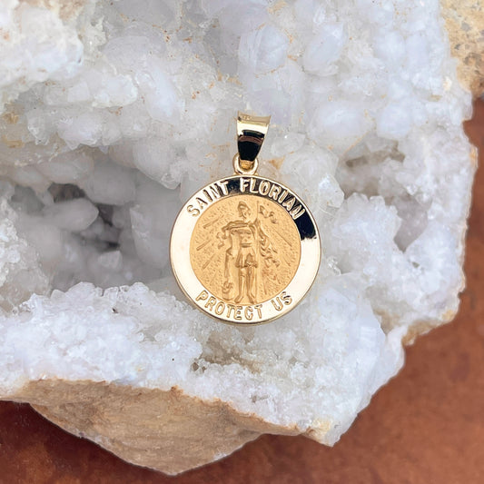14KT Yellow Gold Saint Florian Round Medal Pendant 21mm