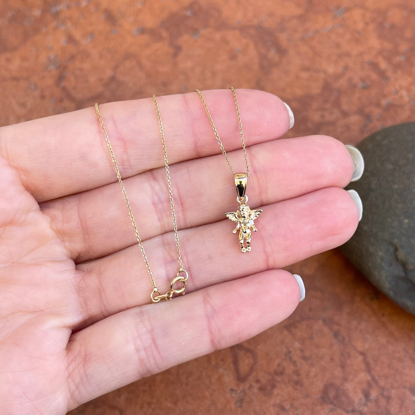 14KT Yellow Gold 3D Baby Guardian Angel Pendant Chain Necklace