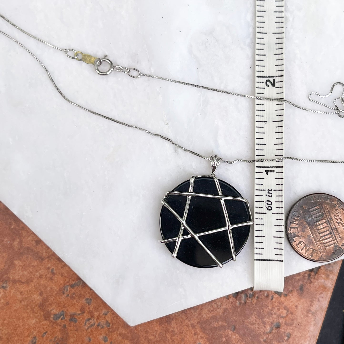 Estate 14KT White Gold Black Onyx Round Geometric Pendant Necklace