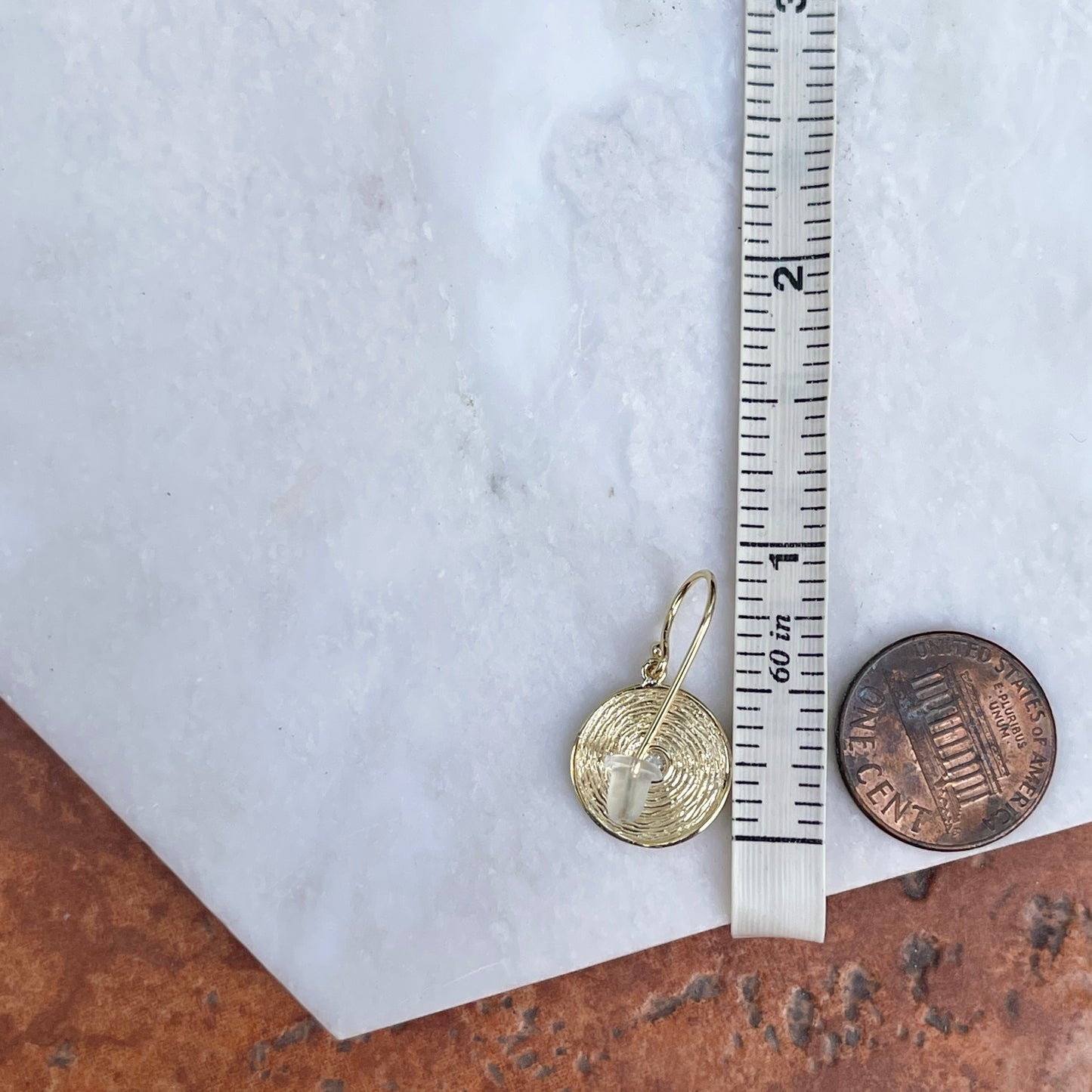 14KT Yellow Gold Textured Disc Bezel Diamond Dangle Earrings - LSJ
