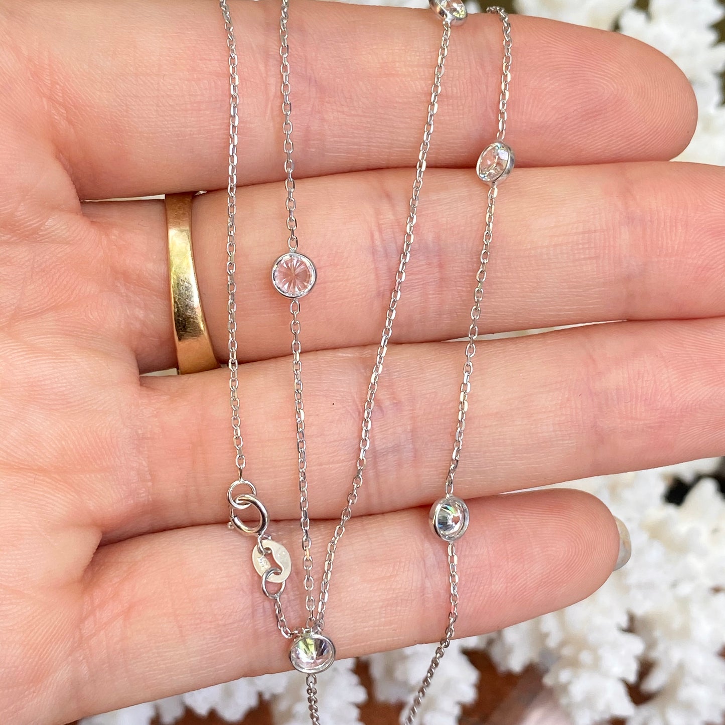 14KT White Gold Bezel-Set Station CZ Stones Cable Chain Necklace 18", 14KT White Gold Bezel-Set Station CZ Stones Cable Chain Necklace 18" - Legacy Saint Jewelry
