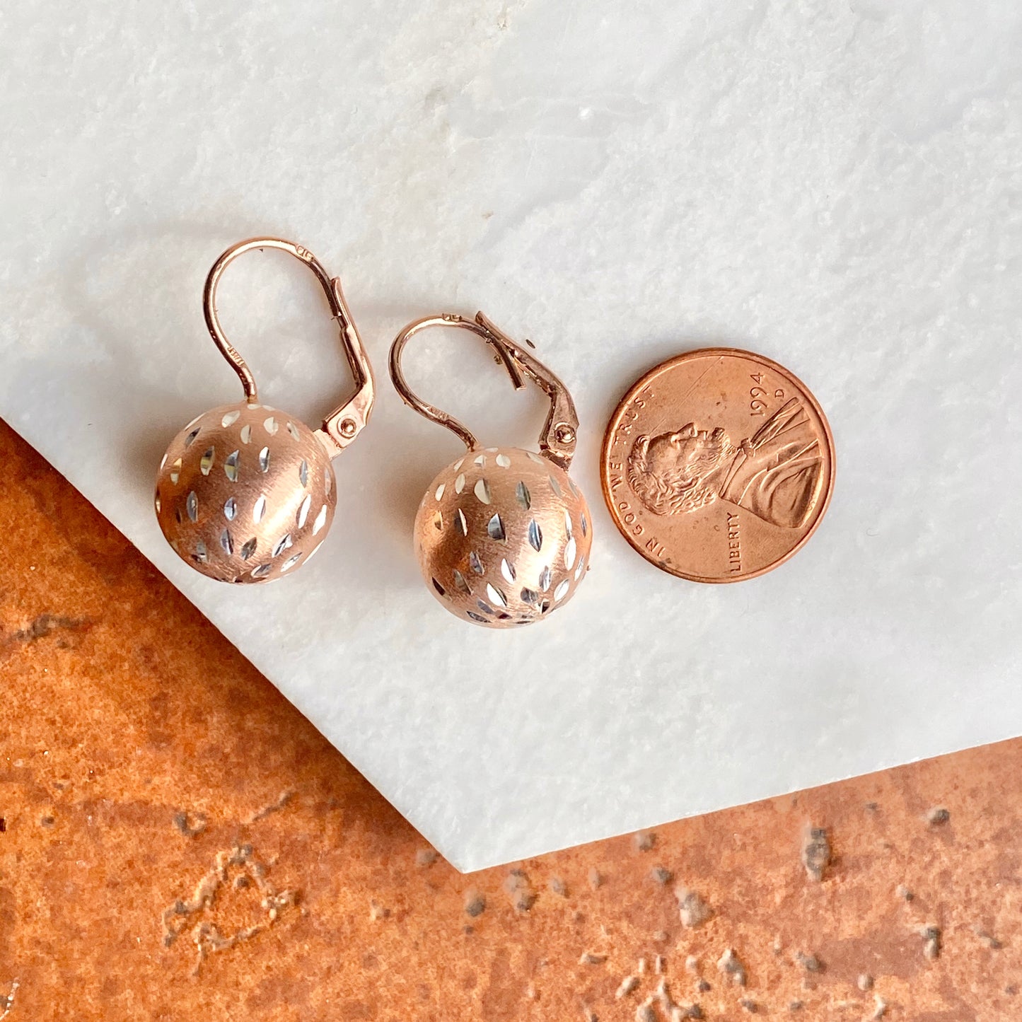 Rose Plated Sterling Silver Diamond-Cut Ball Leverback Earrings, Rose Plated Sterling Silver Diamond-Cut Ball Leverback Earrings - Legacy Saint Jewelry