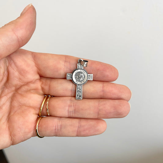 Sterling Silver Antiqued St Michael Medal Cross Pendant