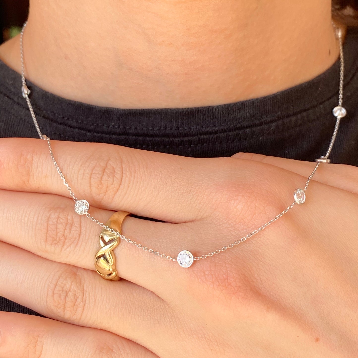 14KT White Gold Bezel-Set Station CZ Stones Cable Chain Necklace 18", 14KT White Gold Bezel-Set Station CZ Stones Cable Chain Necklace 18" - Legacy Saint Jewelry