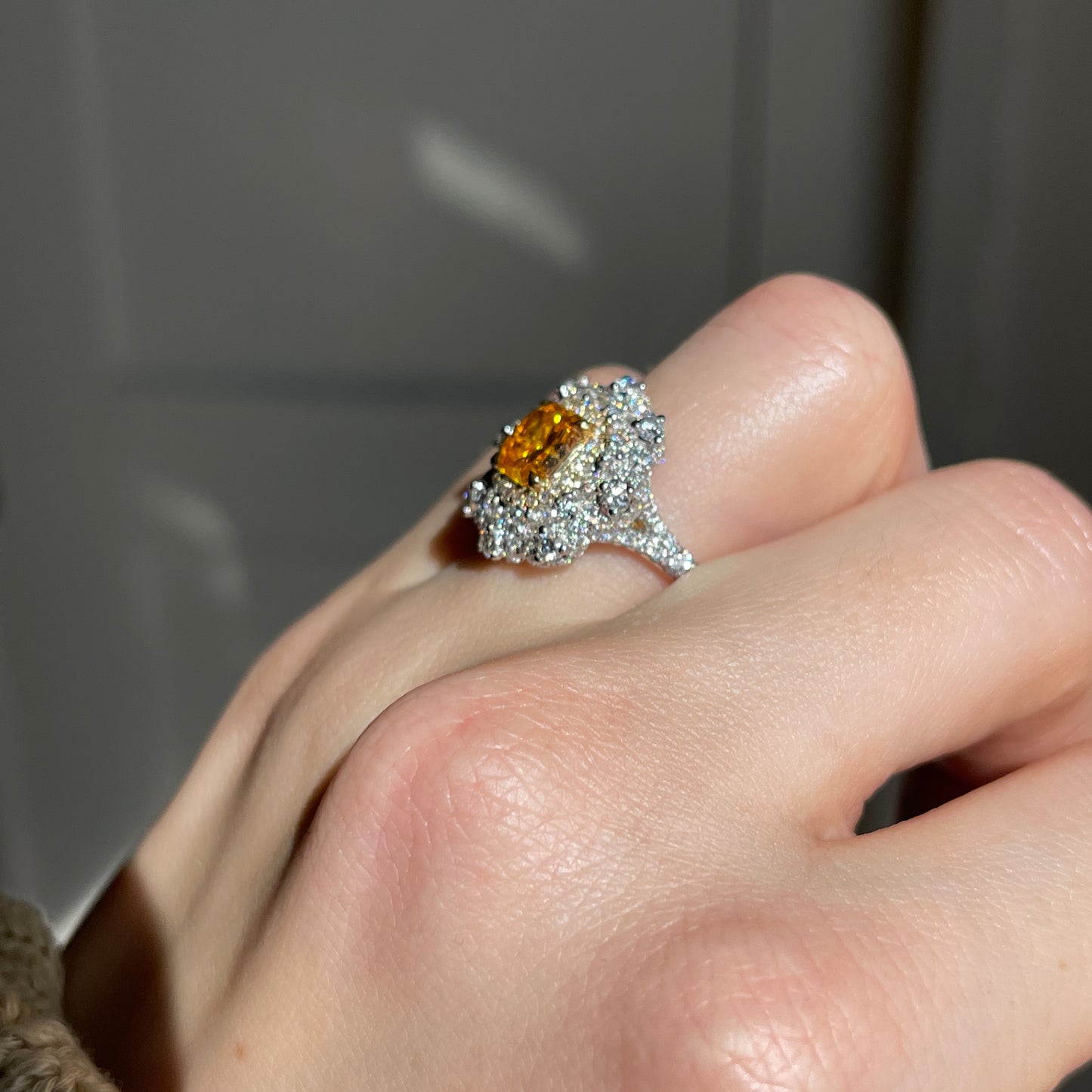 Estate 18KT White Gold Cushion-Cut Yellow Diamond + Pave Diamond Ring