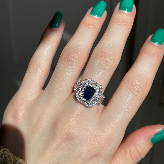 Estate 14KT White Gold Emerald-Cut Blue Sapphire + Double Diamond Halo Ring