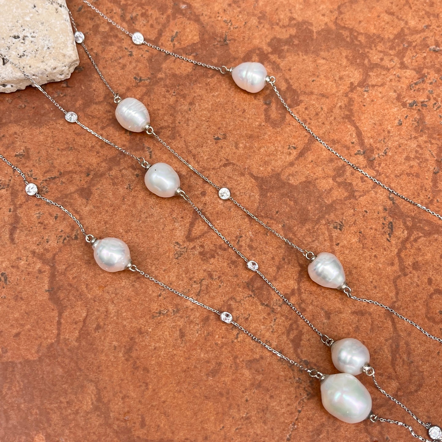 14KT White Gold Paspaley South Sea Pearls + CZ Chain Necklace 43" - LSJ