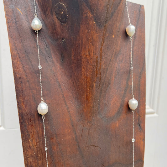 14KT White Gold Paspaley South Sea Pearls + CZ Chain Necklace 43" - LSJ