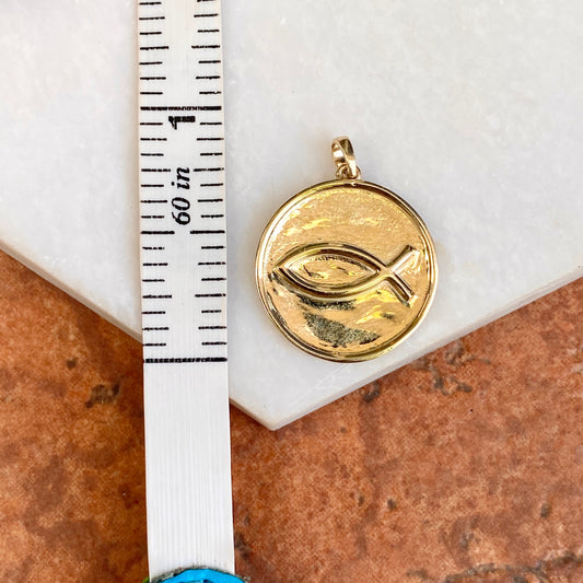 14KT Yellow Gold Matte Ichthus Round Medal Disc Pendant, 14KT Yellow Gold Matte Ichthus Round Medal Disc Pendant - Legacy Saint Jewelry